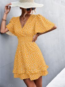 Sexy V Neck Mini Dress For Women Fashion Floral Slim Short Dresses Female Lotus Leaf Sleeve Elegant Dress Summer Vestido Mujer (Color: Yellow, size: L)