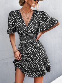 Sexy V Neck Mini Dress For Women Fashion Floral Slim Short Dresses Female Lotus Leaf Sleeve Elegant Dress Summer Vestido Mujer (Color: Black, size: XL)