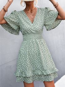 Sexy V Neck Mini Dress For Women Fashion Floral Slim Short Dresses Female Lotus Leaf Sleeve Elegant Dress Summer Vestido Mujer (Color: Green, size: XL)