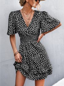 Sexy V Neck Mini Dress For Women Fashion Floral Slim Short Dresses Female Lotus Leaf Sleeve Elegant Dress Summer Vestido Mujer (Color: Black, size: L)