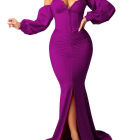 Women's Dresses Women's Sexy Off Shoulder Maxi Dress V Neck Lantern Long Sleeve Split Gown Cocktail Mermaid Formal Dresses (Color: Purple, size: XL)