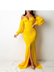 Women's Dresses Women's Sexy Off Shoulder Maxi Dress V Neck Lantern Long Sleeve Split Gown Cocktail Mermaid Formal Dresses (Color: Yellow, size: L)