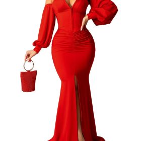 Women's Dresses Women's Sexy Off Shoulder Maxi Dress V Neck Lantern Long Sleeve Split Gown Cocktail Mermaid Formal Dresses (Color: Red, size: S)