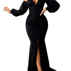 Women's Dresses Women's Sexy Off Shoulder Maxi Dress V Neck Lantern Long Sleeve Split Gown Cocktail Mermaid Formal Dresses (Color: Black, size: XXL)