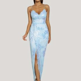 Floral Sequined Dress, Sexy Spaghetti Strap Sleeveless Party Dress, Women's Clothing (Color: sky blue, size: S(4))