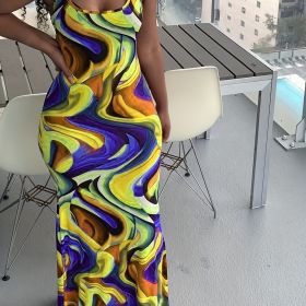 Abstract Ripple Print Dress, Sexy U Neck Sleeveless Bodycon Maxi Dress, Women's Clothing (Color: Yellow, size: S(4))