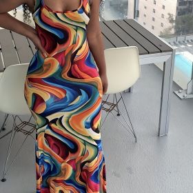 Abstract Ripple Print Dress, Sexy U Neck Sleeveless Bodycon Maxi Dress, Women's Clothing (Color: Red, size: S(4))