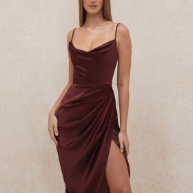 Solid Asymmetrical Sleeveless Cami Dress; Sexy Smooth Split Slim Midi Dress; Women's Clothing (Color: Burgundy, size: S(4))