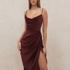 Solid Asymmetrical Sleeveless Cami Dress; Sexy Smooth Split Slim Midi Dress; Women's Clothing