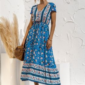 Women's Dresses Sexy Summer Women's High Waist Boho Style Fashion Ditsy Floral Print Slim Temperament Mid-Length Dresses (Color: Blue, size: M(6))