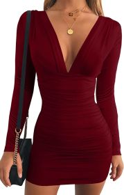 Women's Sexy Long Sleeve V Neck Ruched Bodycon Mini Party Cocktail Dress (Color: Wine Red, size: small)