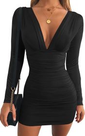 Women's Sexy Long Sleeve V Neck Ruched Bodycon Mini Party Cocktail Dress (Color: Black, size: X-Large)