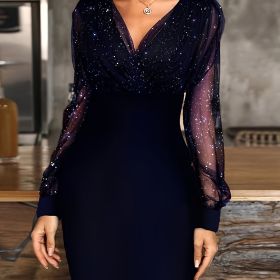 Solid Sequin Stitching Lace Long Sleeve Dress; Elegant Mesh Slim Sexy Party Dress; Women's Clothing (Color: Blue, size: XXL(14))