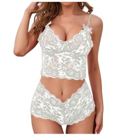 Sexy Women Lingerie Set Thin Lace Flower Printed Underwear Suit Female Adjustable Shoulder Strap Triangle Cup Bralettle (Color: white set, Cup Size: XL)