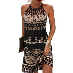 Summer 2023 Women's Elegant Round Neck Vintage Cutout Neck Sleeveless Halter Print Dress Hollow Out Floral Sexy Party Dress New (Color: Black, size: XL)