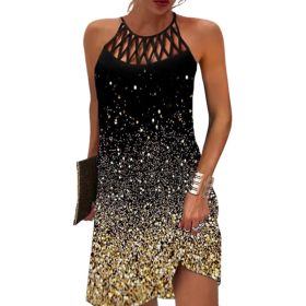 Summer 2023 Women's Elegant Round Neck Vintage Cutout Neck Sleeveless Halter Print Dress Hollow Out Floral Sexy Party Dress New (Color: Gold, size: M)