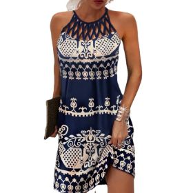 Summer 2023 Women's Elegant Round Neck Vintage Cutout Neck Sleeveless Halter Print Dress Hollow Out Floral Sexy Party Dress New (Color: Blue, size: L)