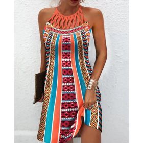 Summer 2023 Women's Elegant Round Neck Vintage Cutout Neck Sleeveless Halter Print Dress Hollow Out Floral Sexy Party Dress New (Color: Orange Black, size: S)