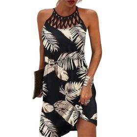 Summer 2023 Women's Elegant Round Neck Vintage Cutout Neck Sleeveless Halter Print Dress Hollow Out Floral Sexy Party Dress New (Color: Leaves, size: L)