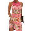 Summer 2023 Women's Elegant Round Neck Vintage Cutout Neck Sleeveless Halter Print Dress Hollow Out Floral Sexy Party Dress New