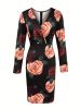 Floral Print Surplice Neck Dress, Sexy Long Sleeve Bodycon Dress, Women's Clothing