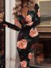 Floral Print Surplice Neck Dress, Sexy Long Sleeve Bodycon Dress, Women's Clothing