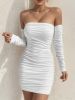 Ruched Off Shoulder Dress, Sexy Solid Long Sleeve Bodycon Dress, Women's Clothing